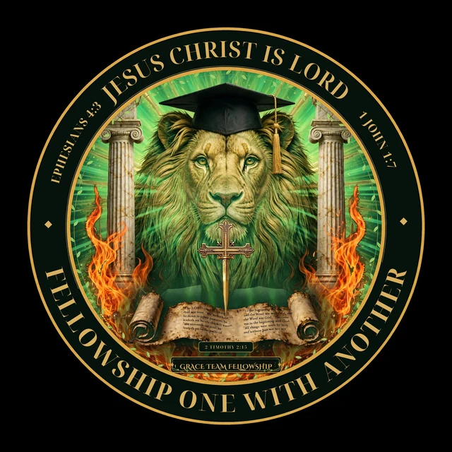 Grace Team Network seal — a lion wearing a graduation cap between two pillars, with a cross and an open scroll: Jesus Christ Is Lord; Fellowship One With Another
