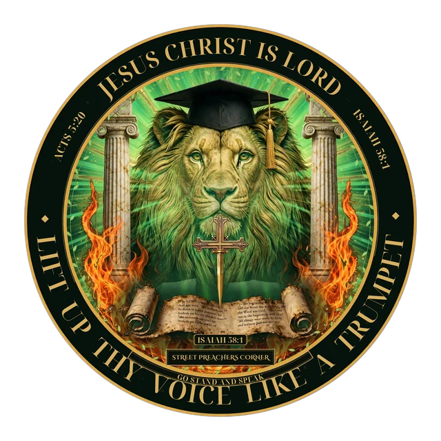 Street Preachers Corner seal — a lion wearing a graduation cap between two pillars, with a cross and an open scroll: Jesus Christ Is Lord; Lift Up Thy Voice Like a Trumpet; Go Stand and Speak
